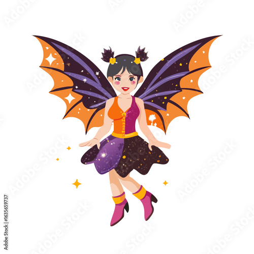 Adorable cartoon fairy girl with bat wings isolated on white background