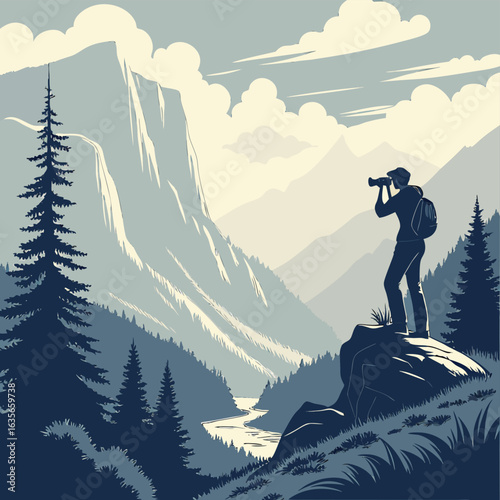 Observing the Majestic Peaks: A lone traveler gazes through binoculars, absorbing the vast beauty of the towering mountains, pristine river, and lush forests in a vibrant.