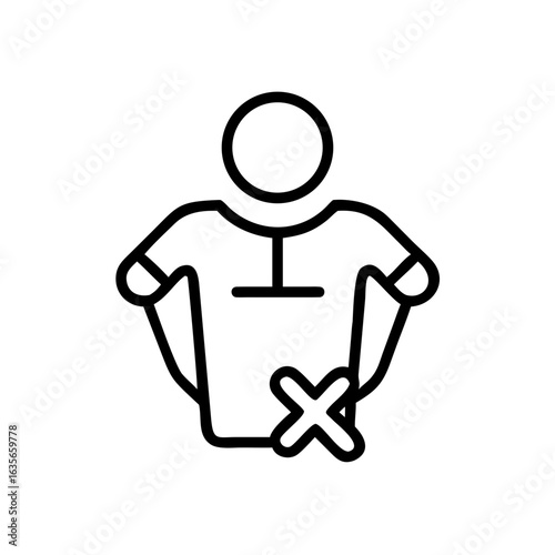 Person icon with t shirt and x mark indicating removal or deletion in a simple line drawing style