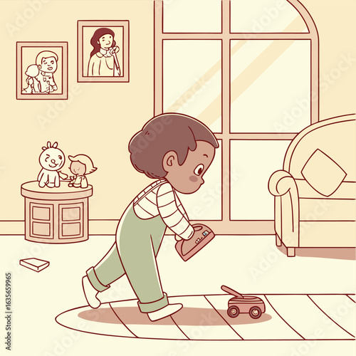 Childhood Play: A young child, with playful and joyful curiosity, is absorbed in the world of make-believe, playing happily in a cozy interior.