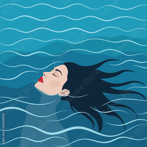 A woman with her eyes closed and dark hair fanned out floats peacefully on her back in calm blue water