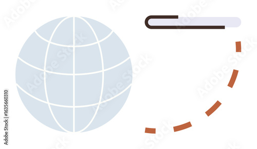 Globe symbolizing worldwide reach paired with a progress bar and dashed arc hinting at movement and technology. Ideal for global reach, technology, progress, connectivity, efficiency, innovation