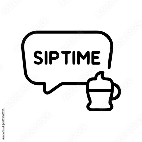 Illustration of a speech bubble with the text sip time and a cup with cream on a white background