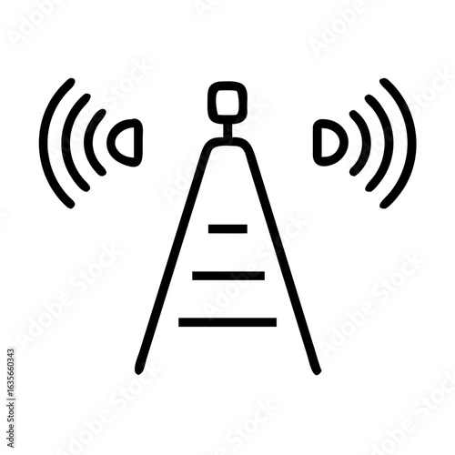 Illustration of a communication tower emitting signals with horizontal lines in black and white style