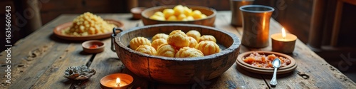 Rustic candlelit table featuring traditional pastries and warm ambiance