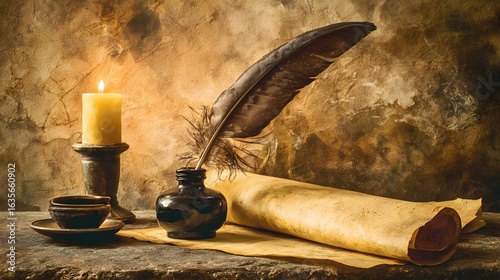 Vintage desk setup with a feather quill and inkwell on aged parchment.