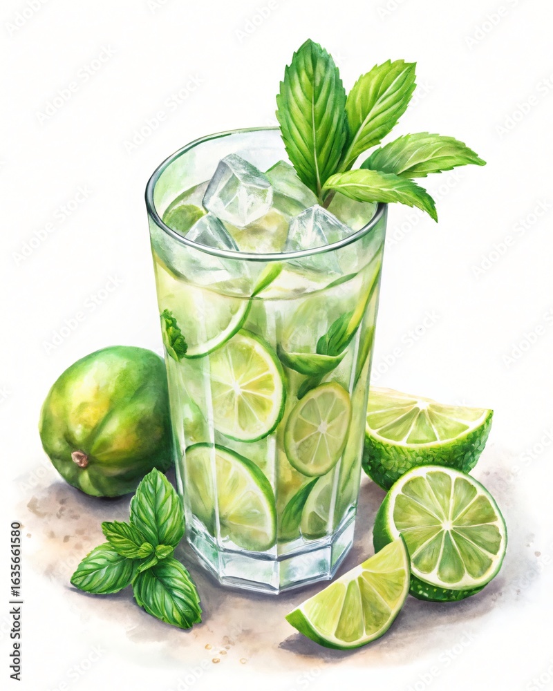 Fototapeta premium Watercolor painting of a refreshing lime and mint cocktail in a glass surrounded by lime wedges and mint sprigs