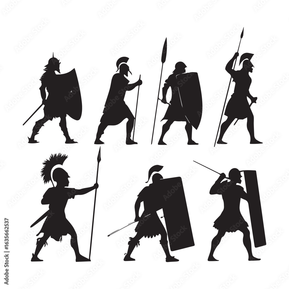 Obraz premium Silhouettes of Ancient Roman Soldiers with Shields and Spears Depicting Historical Battle Poses and Armor Styles.