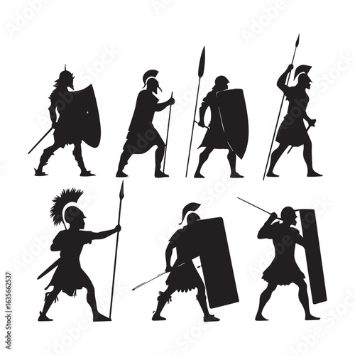 Silhouettes of Ancient Roman Soldiers with Shields and Spears Depicting Historical Battle Poses and Armor Styles.