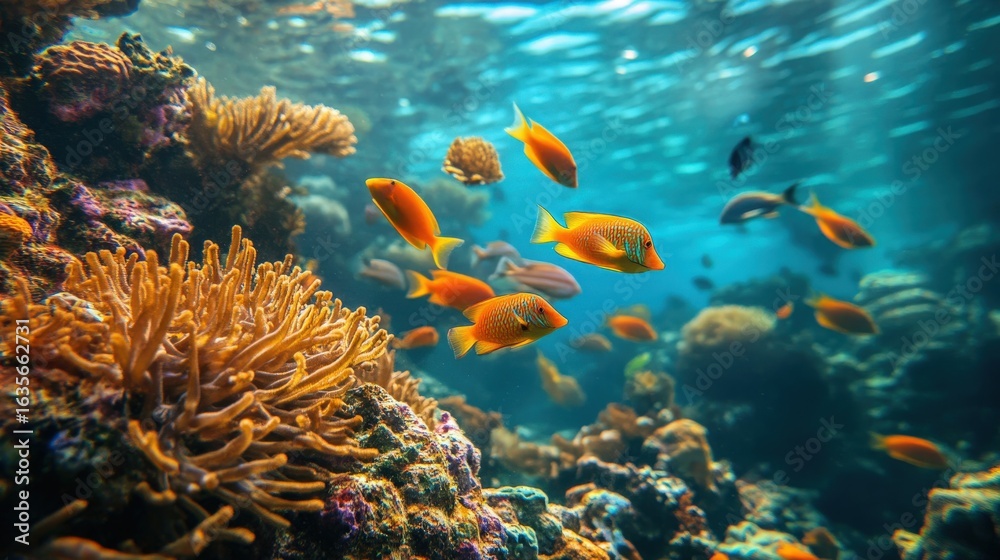 Fototapeta premium Vibrant coral reef teeming with colorful fish.