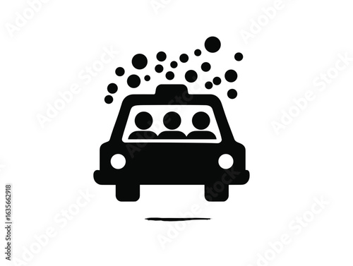 Solid icon of carpooling with three passengers and air particles, symbolizing shared transportation and indoor air quality awareness