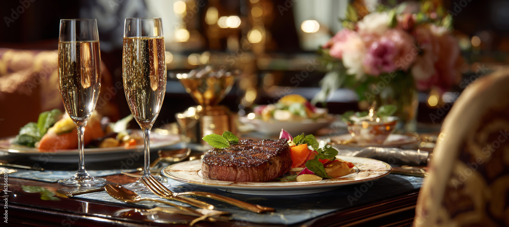 Naklejka premium Elegant dinner setting with steak and champagne