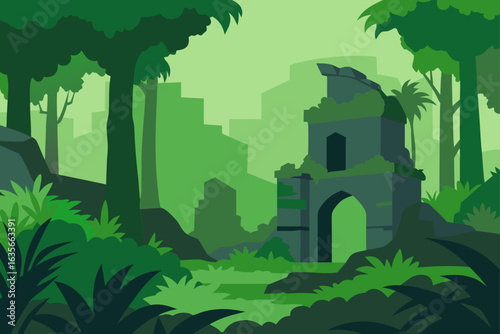Ancient jungle ruins overgrown with lush green vegetation and trees