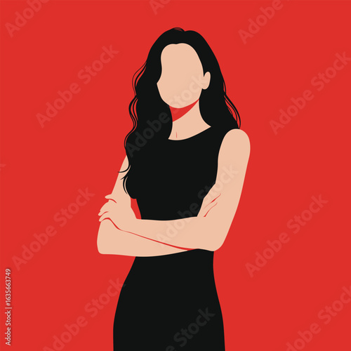 Stylish woman with black hair and red lips wearing a black dress with arms crossed against a vibrant red background