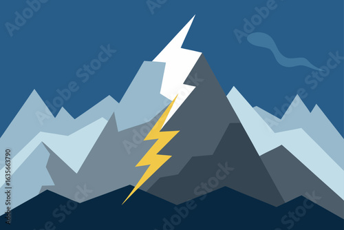 Stylized mountain range with lightning strike during a storm