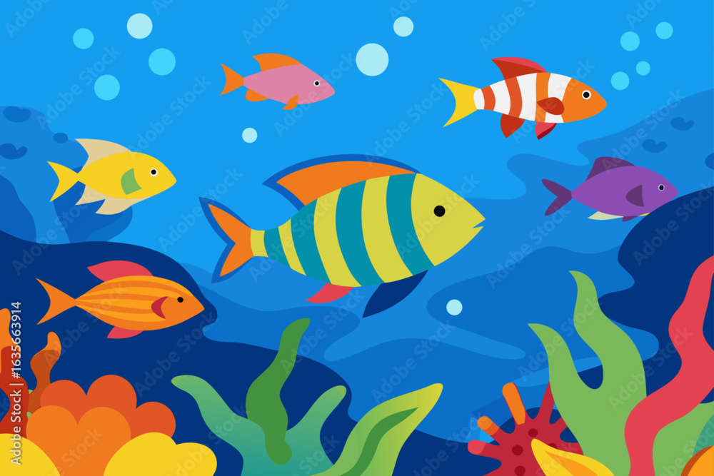 Naklejka premium Colorful cartoon fish swimming in blue ocean water with coral and seaweed