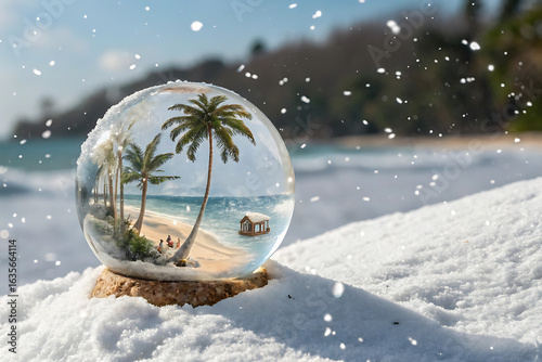Fototapeta Naklejka Na Ścianę i Meble -  Photo of snow globe with tropical beach scene on snowy ground