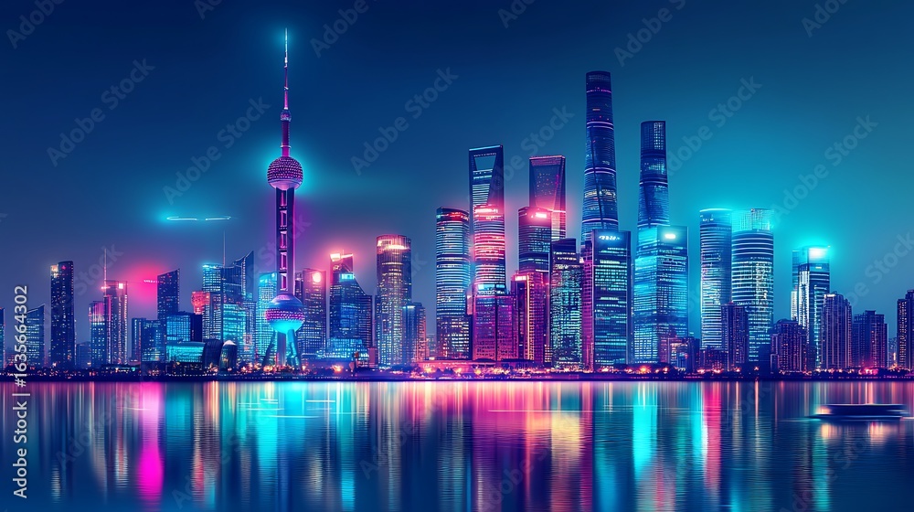Shanghai cityscape glows with vibrant neon lights reflected in calm water at night for travel advertisement tourism promotion urban development modern city concept Shanghai cityscape glows with vibrant neon lights reflected in calm water at night for travel advertisement tourism promotion urban development modern city concept
