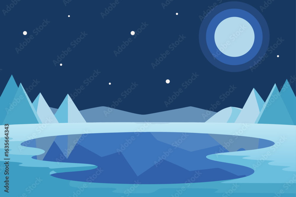 Fototapeta premium Flat design arctic landscape with moon and stars over icy lake