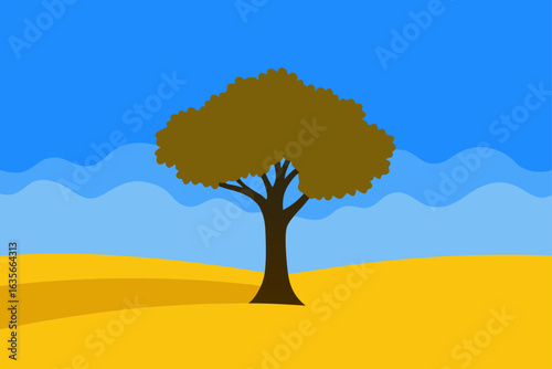 Stylized lone tree in a desert landscape under a blue sky