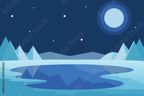Flat design arctic landscape with moon and stars over icy lake