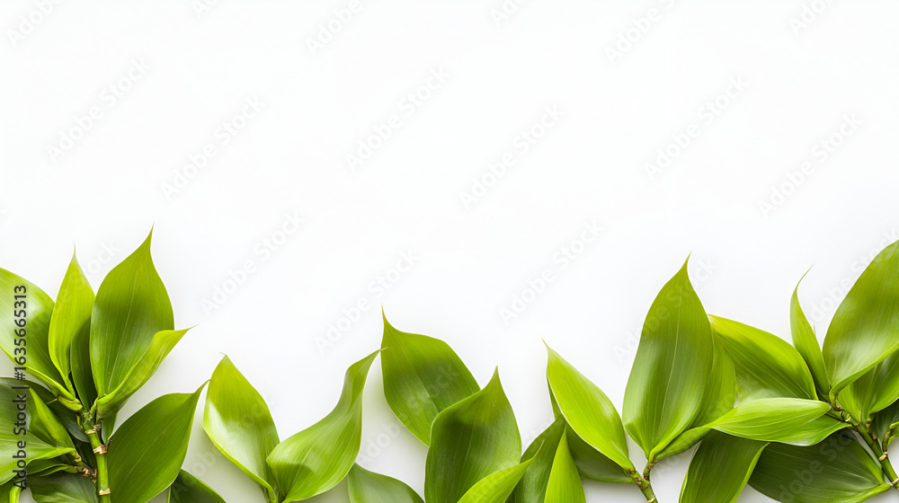 Fototapeta premium Lush green leaves arranged as a natural border on a clean white background with copy space.
