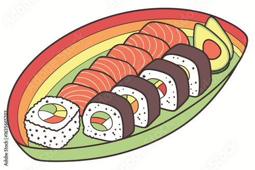A colorful plate of sushi with salmon nigiri, maki rolls, and avocado slices arranged neatly on the dish