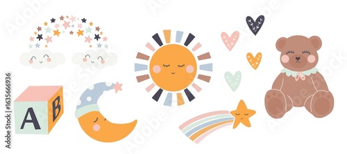 vector illustration of a set of icons. Children illustration with rainbow, sun, toys, heart, butterflyes