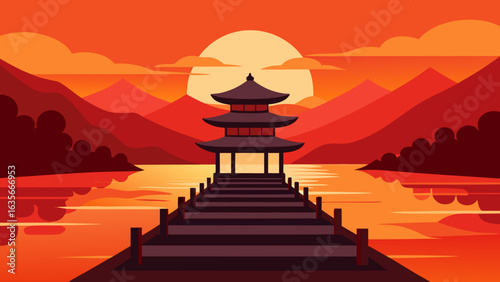 Tranquil Sunset Over Japanese Pagoda and Pier