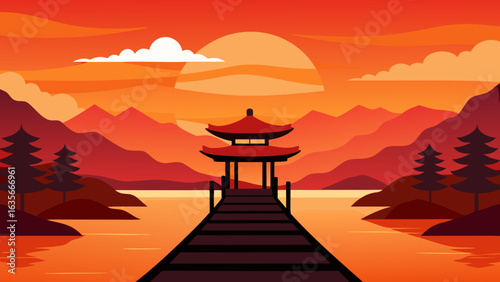Tranquil Sunset Over Japanese Pagoda and Pier