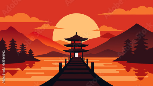 Tranquil Sunset Over Japanese Pagoda and Pier