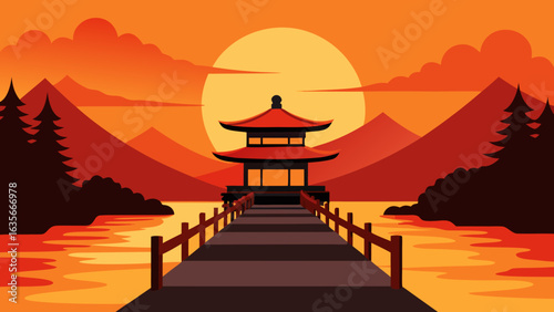 Tranquil Sunset Over Japanese Pagoda and Pier