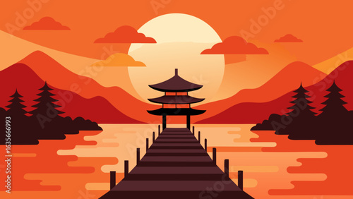 Tranquil Sunset Over Japanese Pagoda and Pier