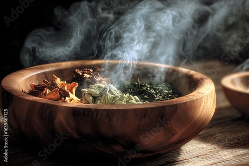 Herbs aflame in wooden bowl with smoke swirls  
