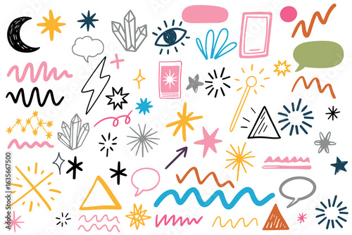Hand drawn sketch doodle featuring various shapes, stars, crystals, and abstract lines in vibrant colors. Ideal for creative projects and designs.