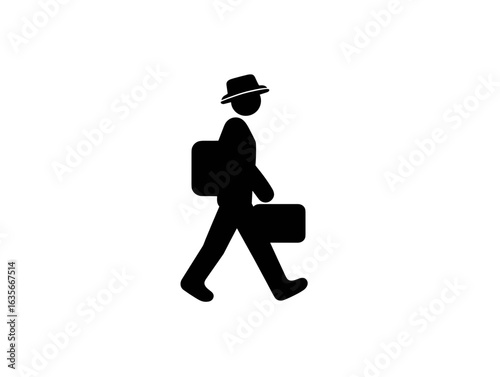 Silhouette of man walking with briefcase and backpack in profile  