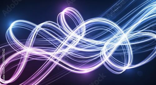 Abstract electric flow of light trails, blue, white, purple gradients, looping shapes