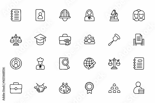 A modern, clean icon set representing legal services and processes from client intake to resolution — excellent for law firm websites, brochures, and client onboarding