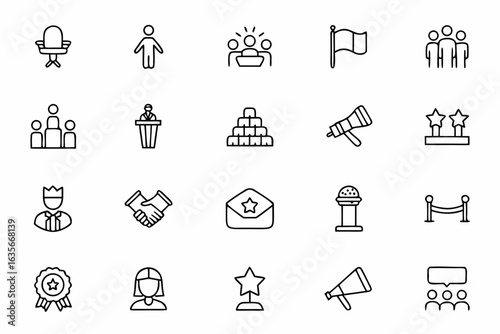 An elegant set of icons depicting formal diplomatic ceremonies, protocol events, and official visits — suitable for government publications, event planning, and international protocol guides