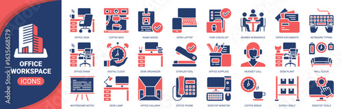 Office workspace icon set. Containing icon of open laptop, office chair, office desk, coffee mug, desktop monitor and more. Solid vector icons collection.