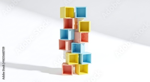 Colorful Stack of Cubes Balancing on White Background Representing Stability and Organization with a Playful Design