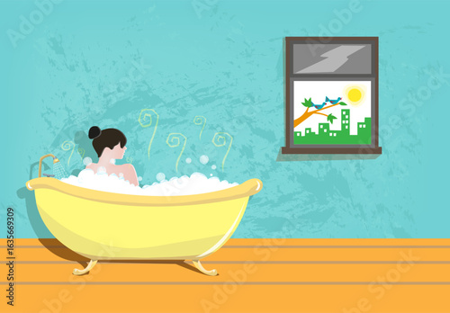 Lady taking a Bath using a Vintage Tub. Vector Illustration.
