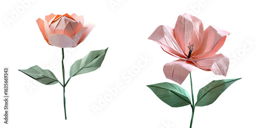 Delicate pink origami flower with a green stem and leaves, crafted from paper. isolated on a transparent background 
