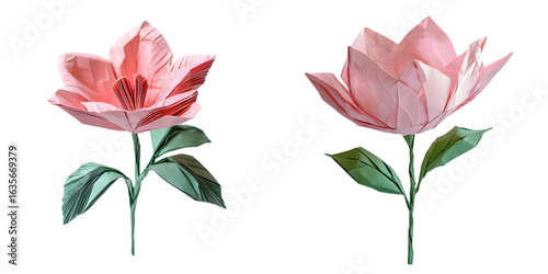 Delicate pink origami flower with a green stem and leaves, crafted from paper. isolated on a transparent background