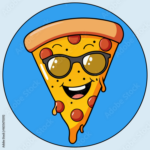 Cool Cartoon Pizza Slice – Happy Face with Sunglasses, Pepperoni Toppings, Melting Cheese, Blue Circle Background, Fun Food Character Illustration