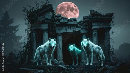 A lost temple guarded by ghostly wolves under blood moon