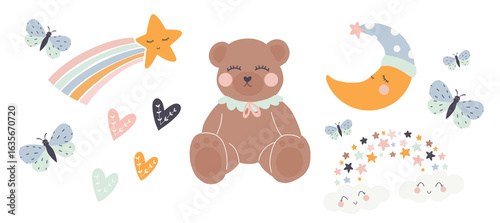 Kids illustration, childhood with Teddy bear, moon, toys, stars, butterflies. Baby shower card.