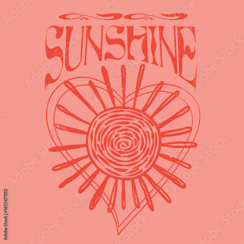heart sign inside Sun graphic print design, hand drown sun, good vibes, sun honey typography, Summer vibes artwork. vintage summer t shirt design. sun poster design. 