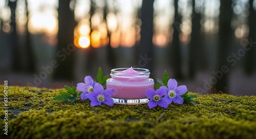 Natural skincare product presentation featuring pink cream surrounded by purple flowers on a moss covered surface with blurred forest background