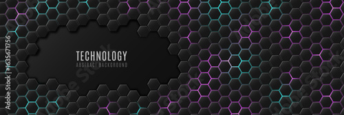 Futuristic glowing 3d black hexagons with blue and purple neon highlights. Hi-tech banner design for technology web presentation, digital gaming interfaces or scientific background. Vector.